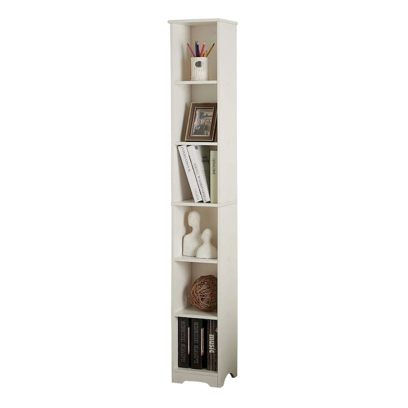 6-Tier Narrow Slim Storage Shelves Media Bookcase, White
