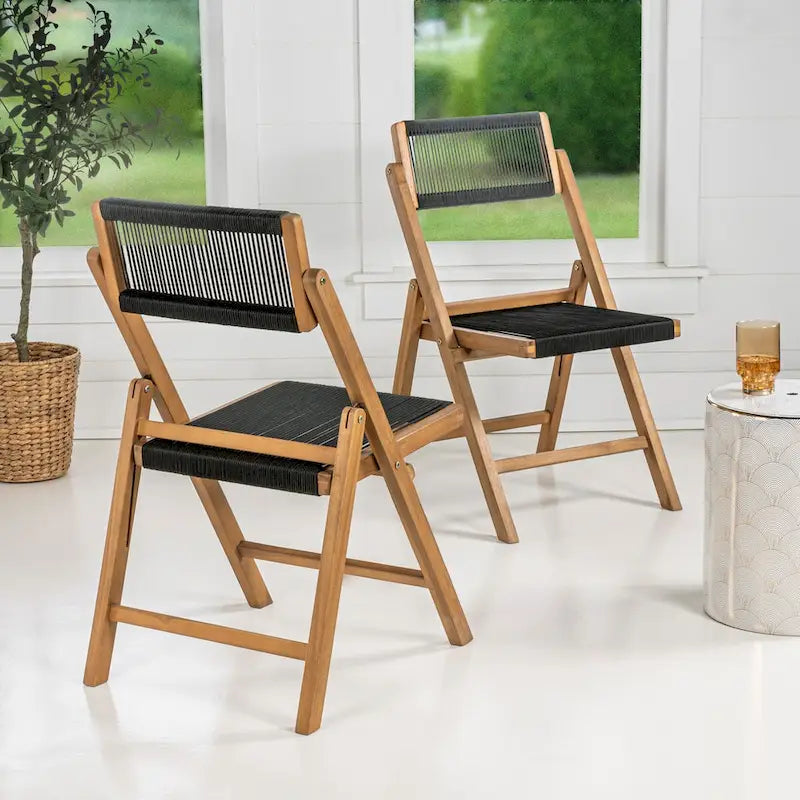 Kiawah Coastal Modern Wood Roped Folding Chair with Adjustable Back, Black/Natural (Set of 2) by JONATHAN Y