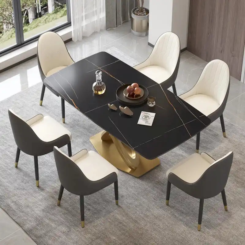 70.8 Dining Table, Modern Dining Table for 8, Antique White Sintered Stone with Stainless Steel Gold Pedestal