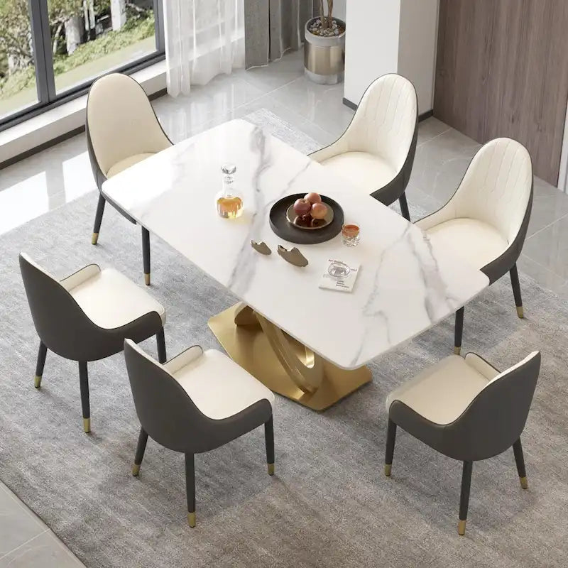 70.8 Dining Table, Modern Dining Table for 8, Antique White Sintered Stone with Stainless Steel Gold Pedestal