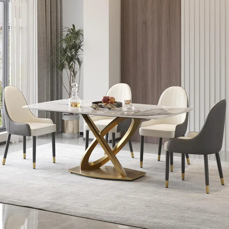70.8 Dining Table, Modern Dining Table for 8, Antique White Sintered Stone with Stainless Steel Gold Pedestal