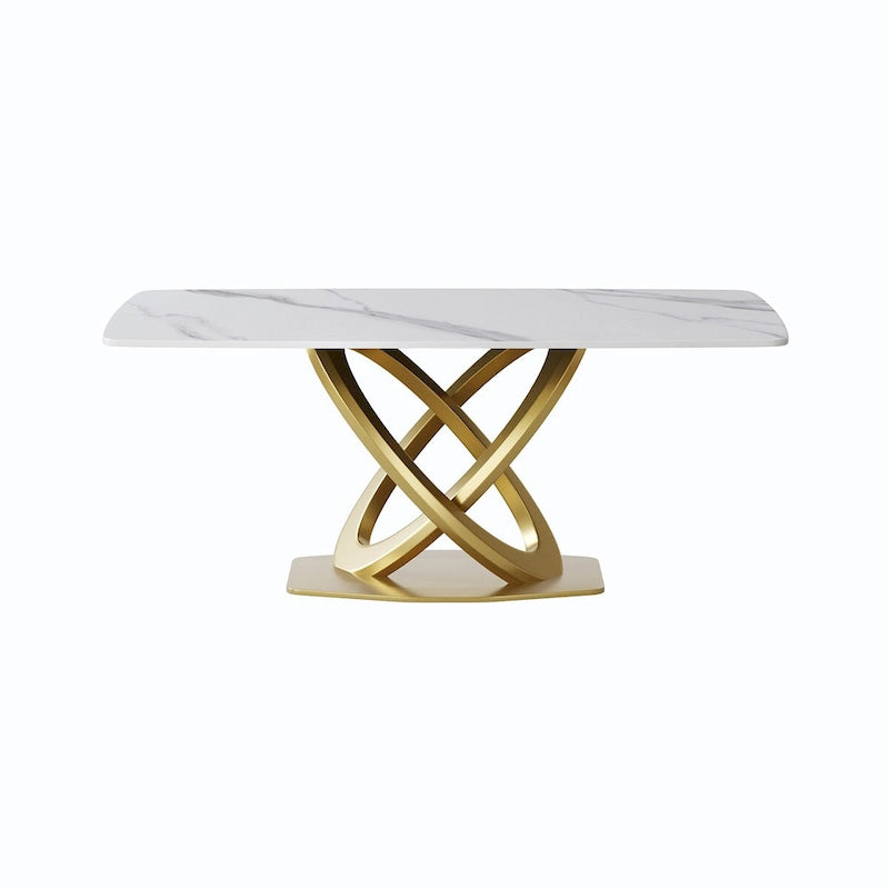 70.8 Dining Table, Modern Dining Table for 8, Antique White Sintered Stone with Stainless Steel Gold Pedestal