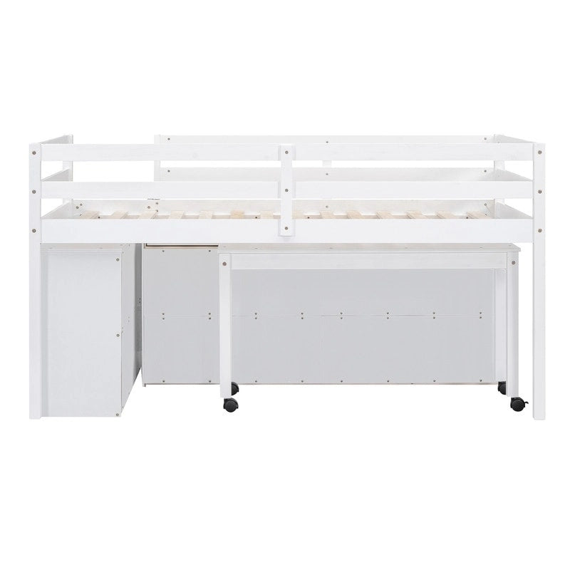 Twin/Full Size Low Loft Bed with Retractable Writing Desk and 4 Drawers, Wooden Loft Bedframe w/ Lateral Portable Desk & Shelves