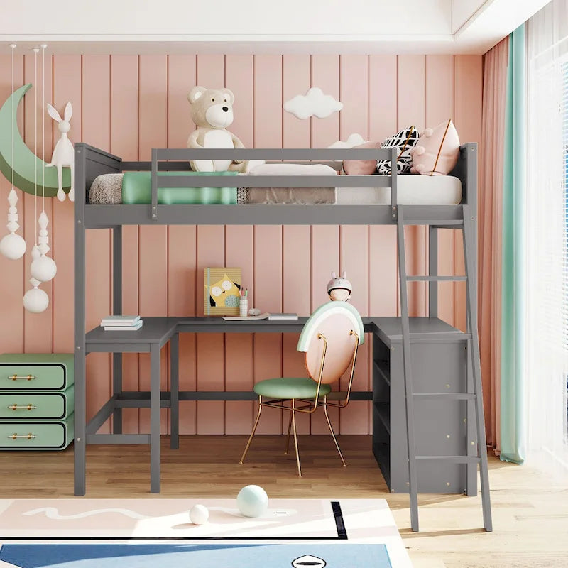 Full Size Loft Bed with Shelves and Desk, Wooden Full Loft Bed Frame with Desk