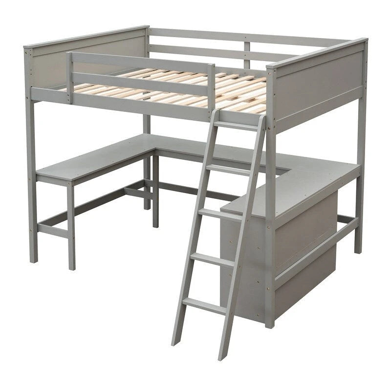 Full Size Loft Bed with Shelves and Desk, Wooden Full Loft Bed Frame with Desk