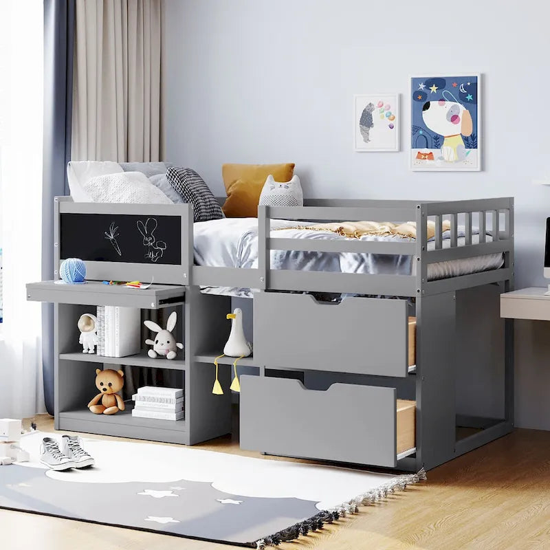 Nestfair Twin Size Low Loft Bed with Rolling Desk and Drawers