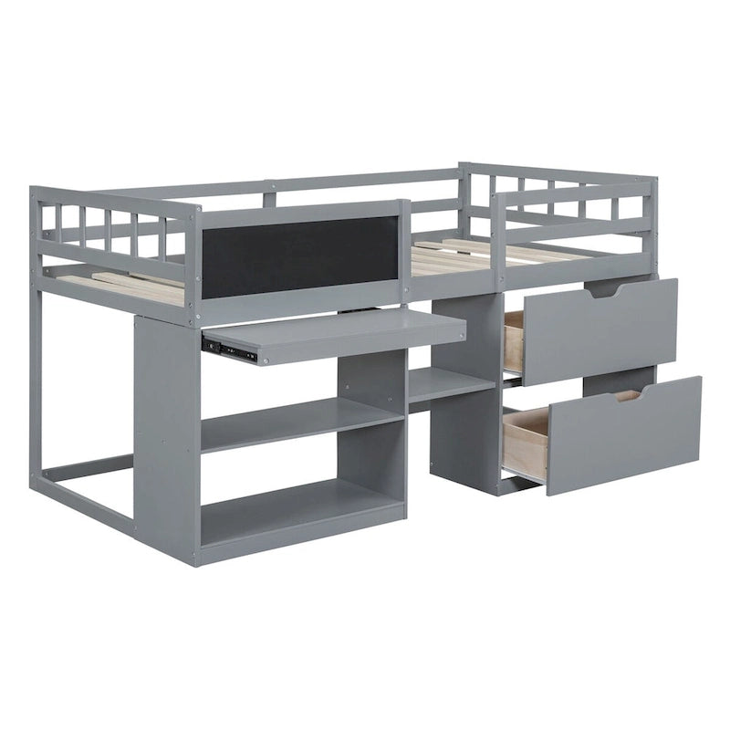 Nestfair Twin Size Low Loft Bed with Rolling Desk and Drawers