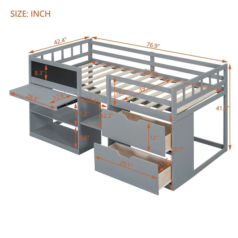 Nestfair Twin Size Low Loft Bed with Rolling Desk and Drawers
