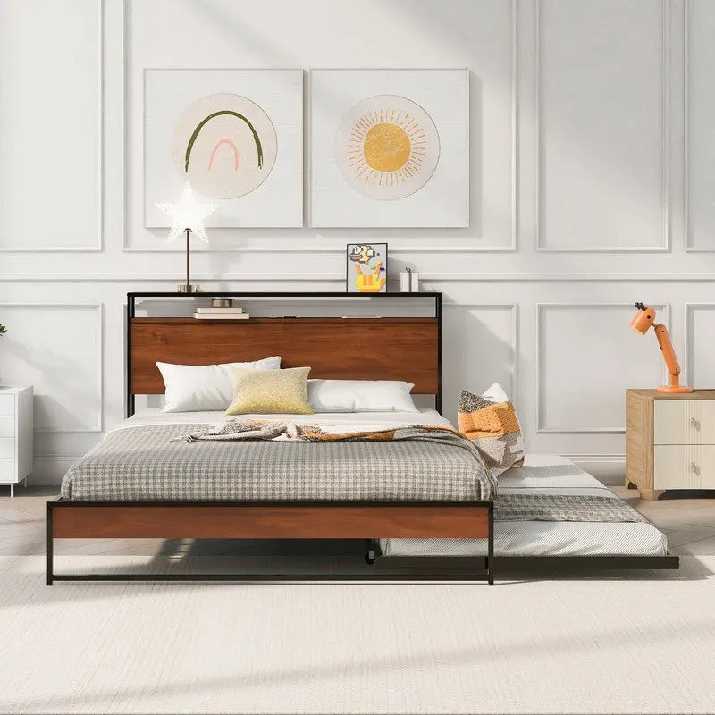 Queen Size Metal Platform Bed with Trundle,USB Ports,No Box Spring Needed