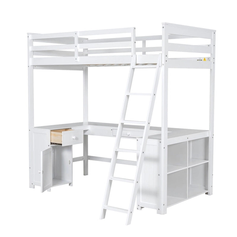 Twin Size Loft Bed with U-shaped Desk, Drawers and Storage Shelves