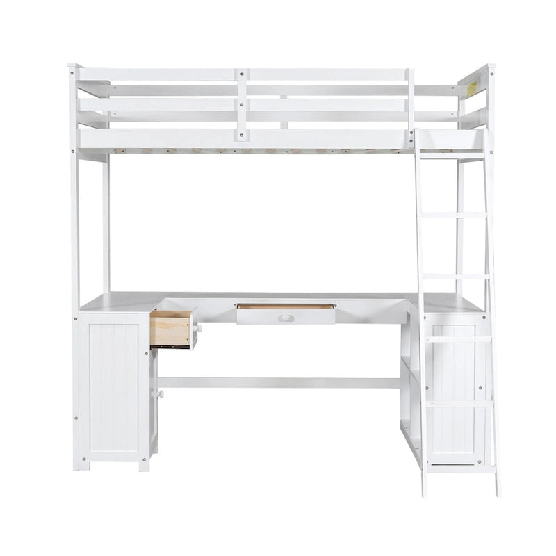 Twin Size Loft Bed with U-shaped Desk, Drawers and Storage Shelves