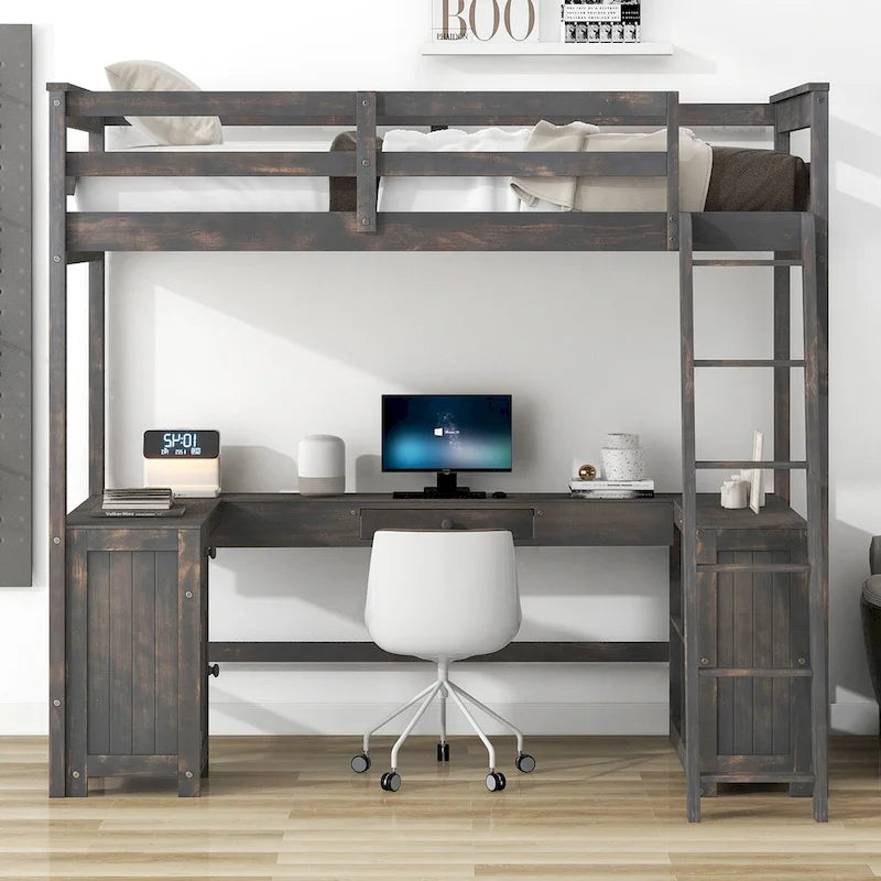Twin Size Loft Bed with U-shaped Desk, Drawers and Storage Shelves