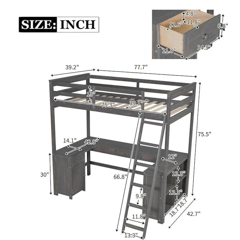 Twin Size Loft Bed with U-shaped Desk, Drawers and Storage Shelves