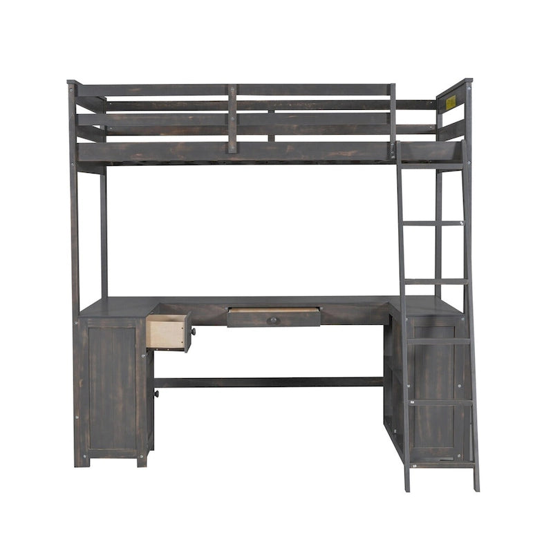 Twin Size Loft Bed with U-shaped Desk, Drawers and Storage Shelves