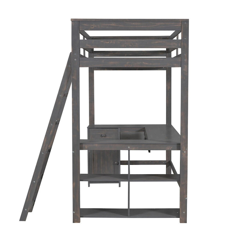 Twin Size Loft Bed with U-shaped Desk, Drawers and Storage Shelves
