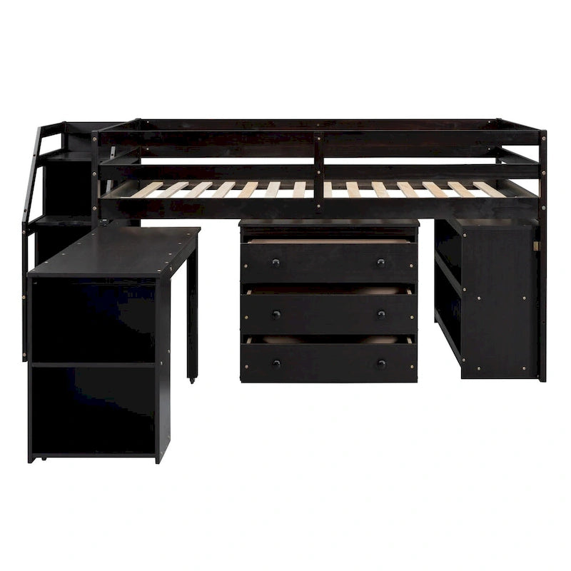 Full Size Solid Wood Loft Bed with Retractable Desk, Storage Stairs, Storage Drawers, and Shelves