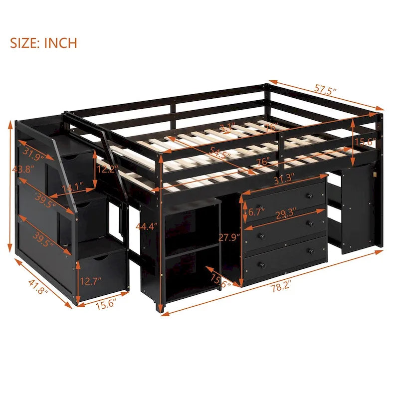 Full Size Solid Wood Loft Bed with Retractable Desk, Storage Stairs, Storage Drawers, and Shelves