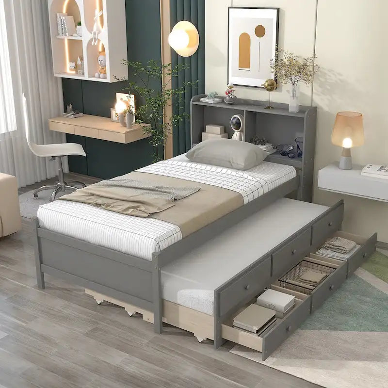 Twin Bed with Twin Trundle,Drawers