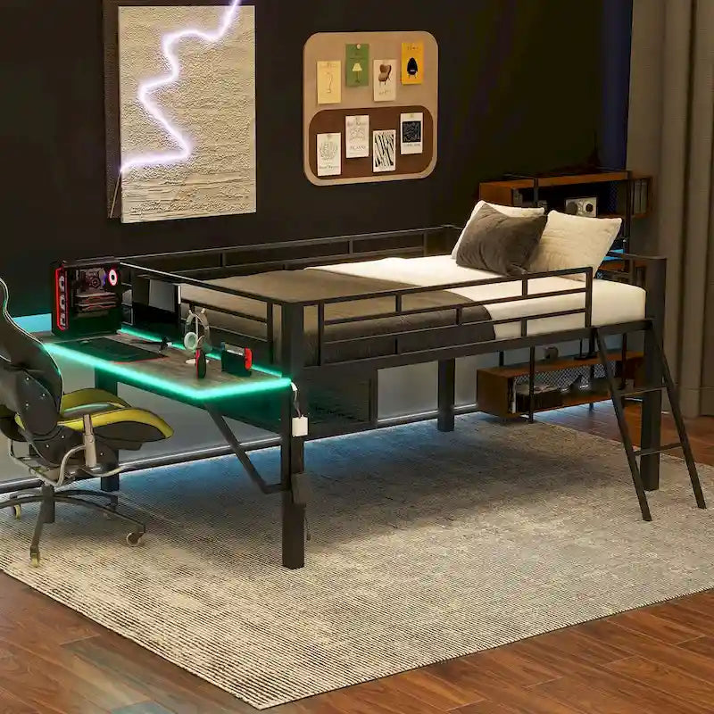 Gaming Mid Loft Bed with Desk and LED