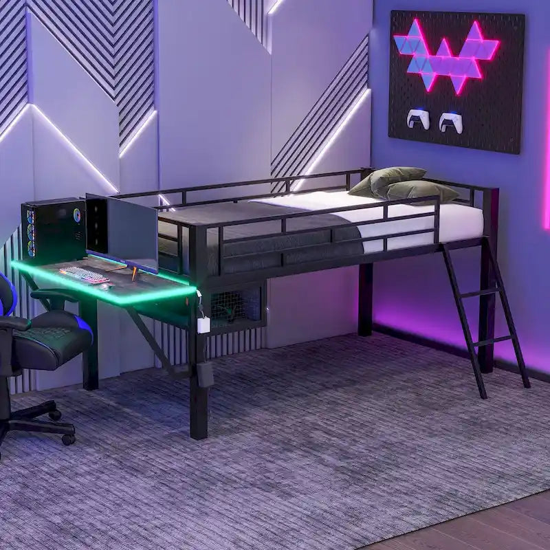 Gaming Mid Loft Bed with Desk and LED