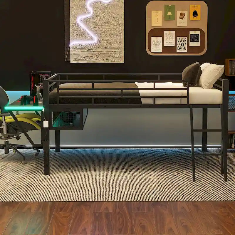 Gaming Mid Loft Bed with Desk and LED