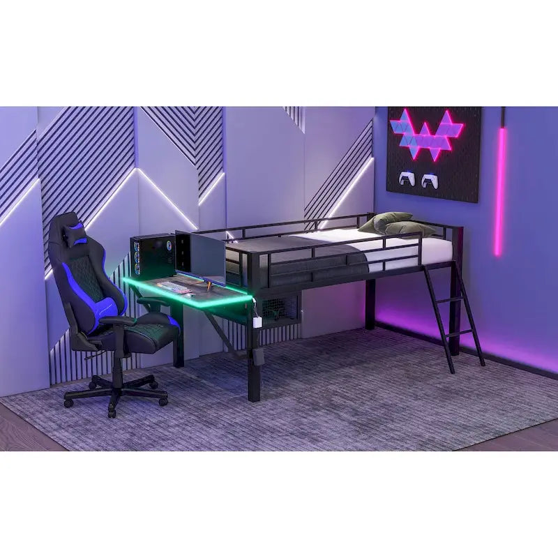 Gaming Mid Loft Bed with Desk and LED