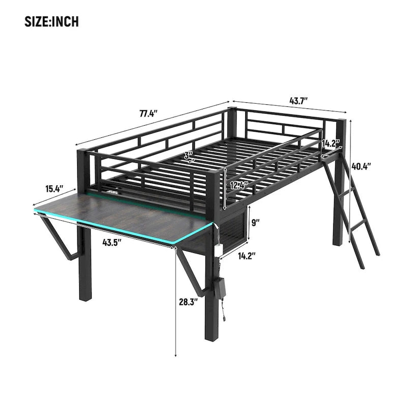 Gaming Mid Loft Bed with Desk and LED