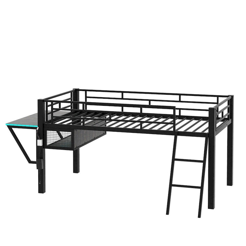 Gaming Mid Loft Bed with Desk and LED