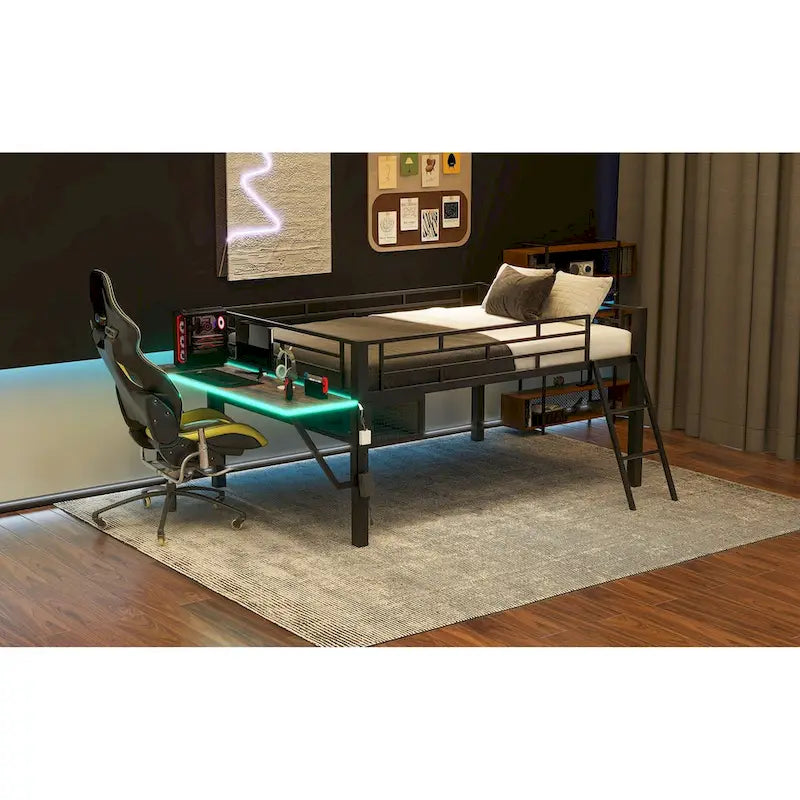 Gaming Mid Loft Bed with Desk and LED