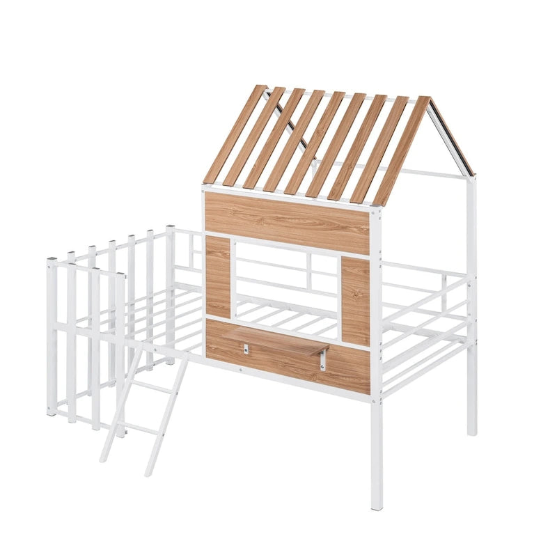Metal Loft Bed with Roof, Window, Guardrail, Ladder