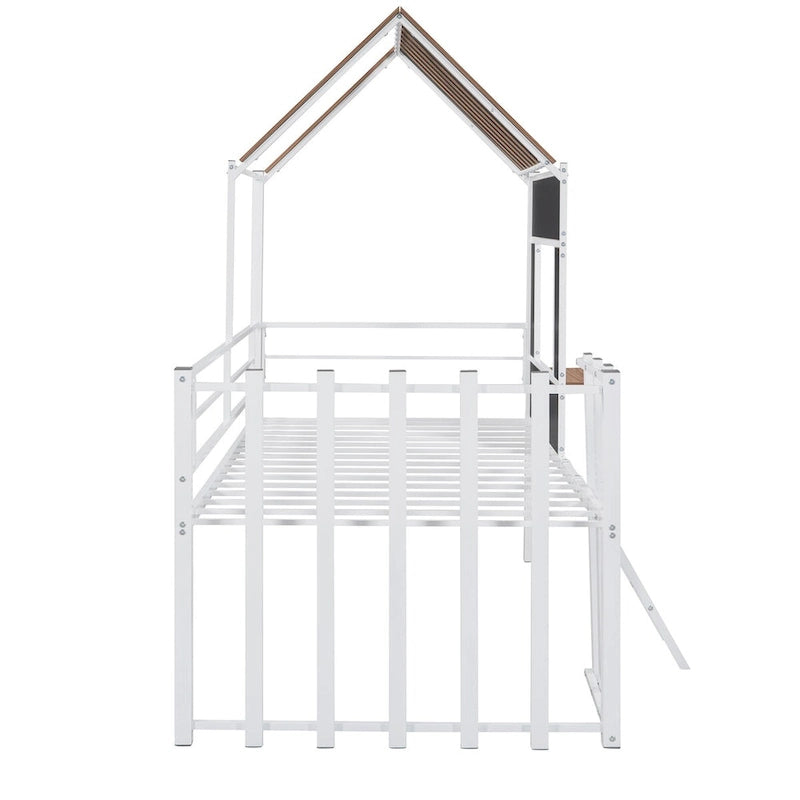 Metal Loft Bed with Roof, Window, Guardrail, Ladder