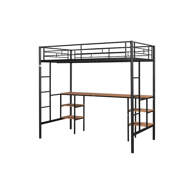 Black Steel Loft Bed with Table, Space-Saving