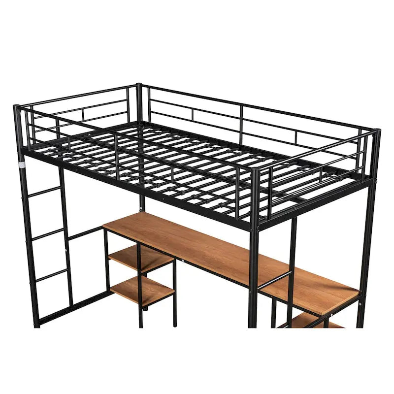 Black Steel Loft Bed with Table, Space-Saving