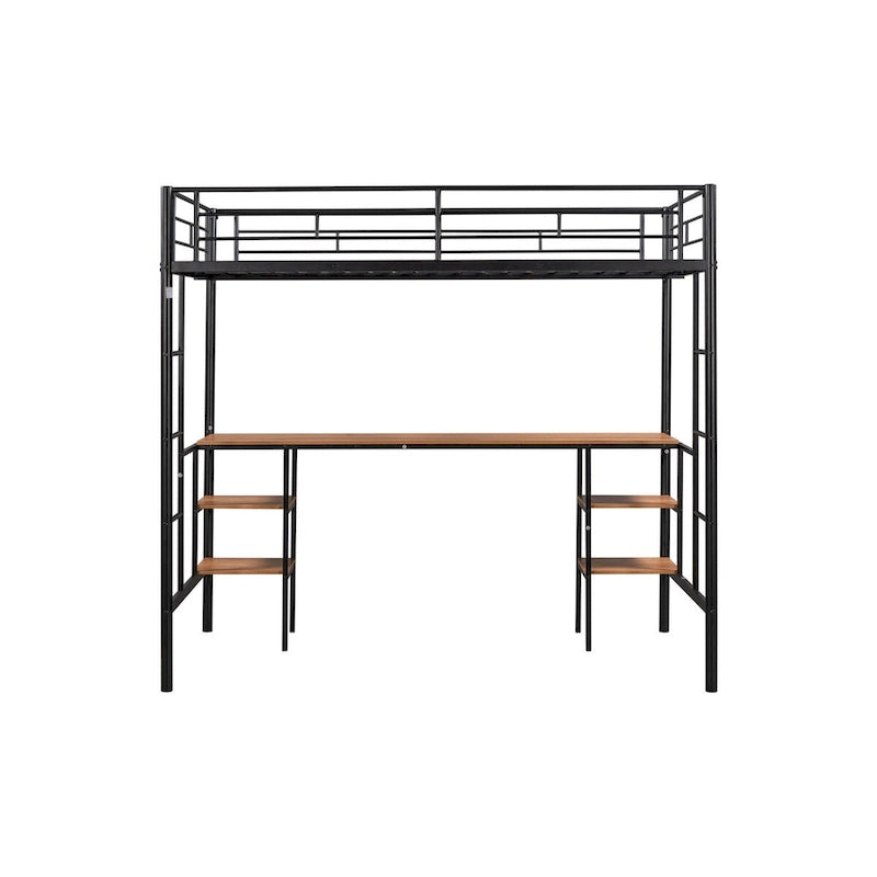 Black Steel Loft Bed with Table, Space-Saving