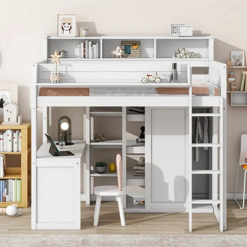 Wood Twin Size Loft Bed with Multiple Storage Shelves and Wardrobe