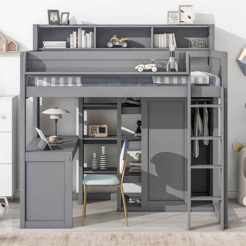 Wood Twin Size Loft Bed with Multiple Storage Shelves and Wardrobe