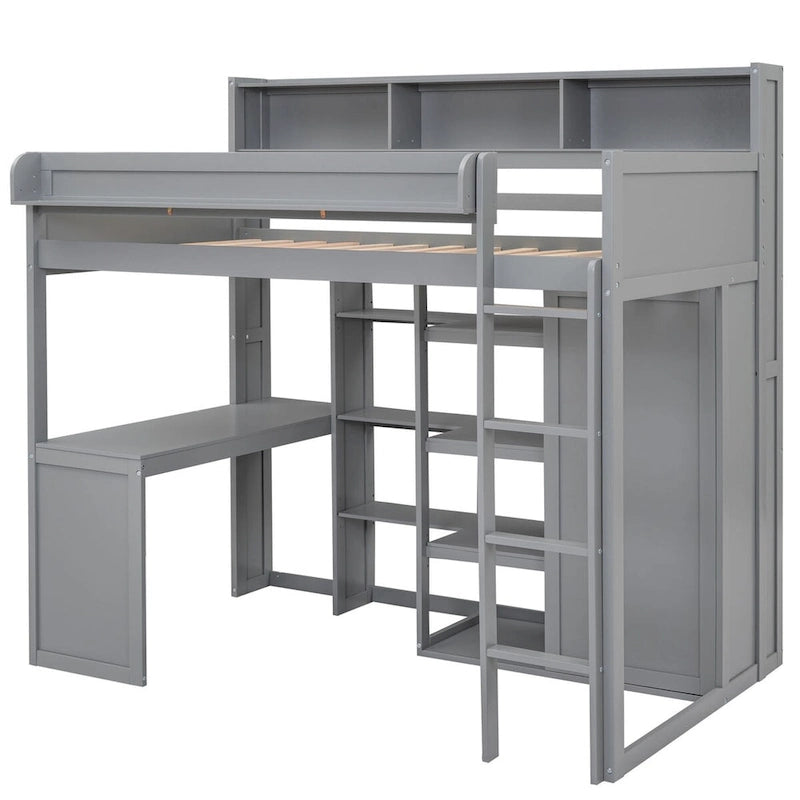 Wood Twin Size Loft Bed with Multiple Storage Shelves and Wardrobe