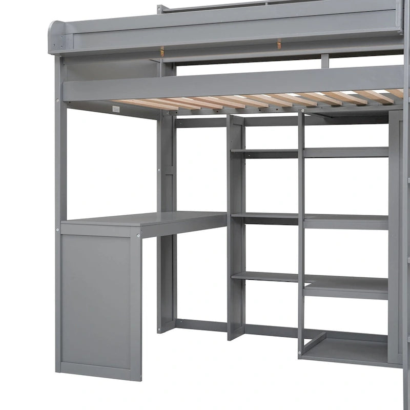 Wood Twin Size Loft Bed with Multiple Storage Shelves and Wardrobe