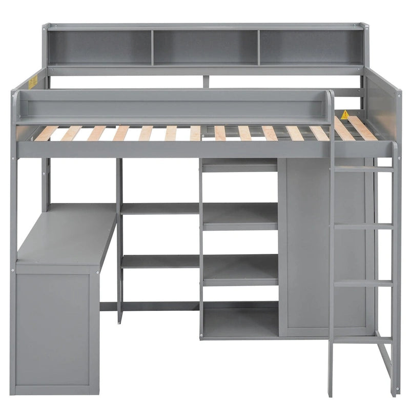 Wood Twin Size Loft Bed with Multiple Storage Shelves and Wardrobe