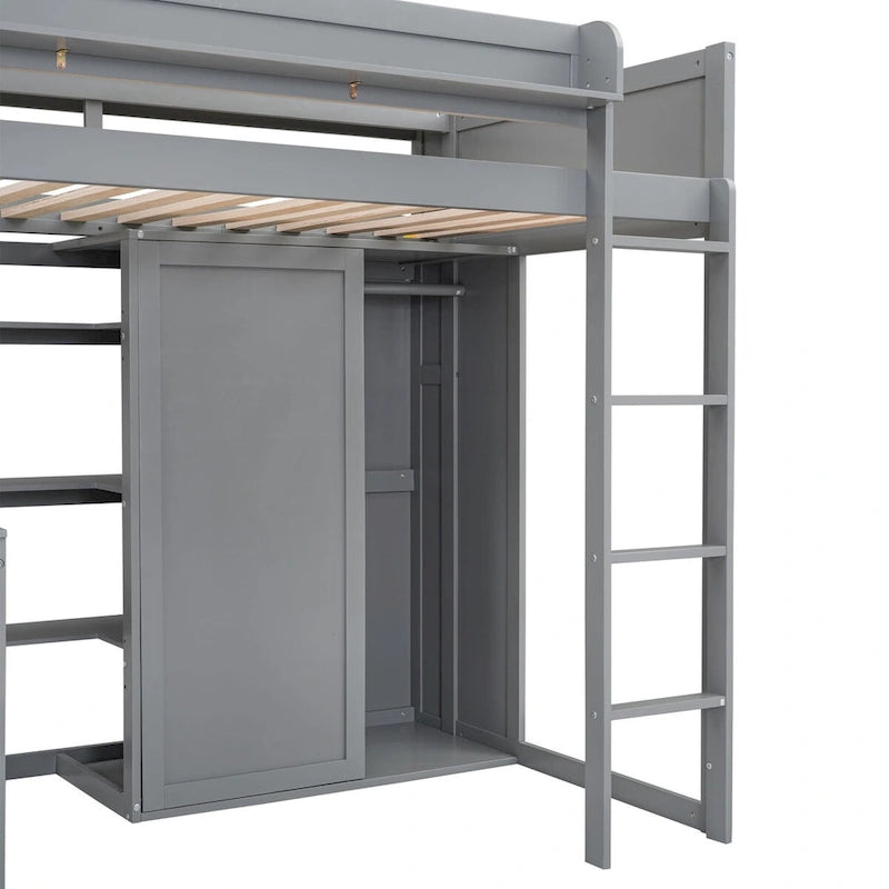 Wood Twin Size Loft Bed with Multiple Storage Shelves and Wardrobe