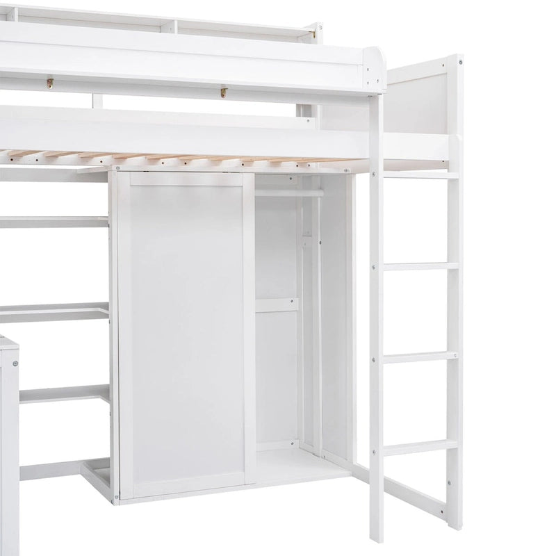 Wood Twin Size Loft Bed with Multiple Storage Shelves and Wardrobe