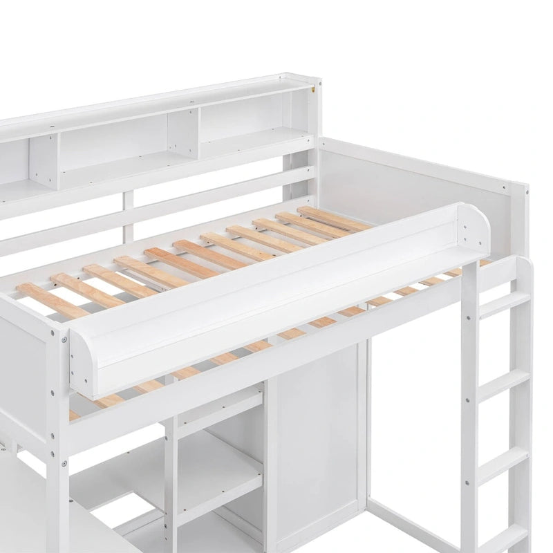Wood Twin Size Loft Bed with Multiple Storage Shelves and Wardrobe