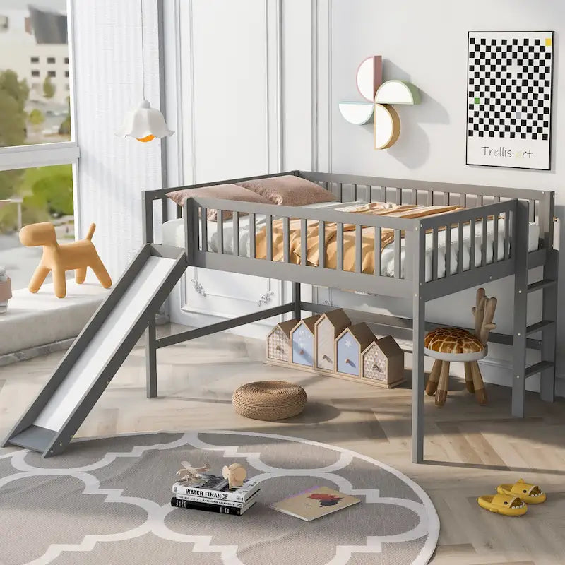 Low Loft Bed with Ladder and Slide