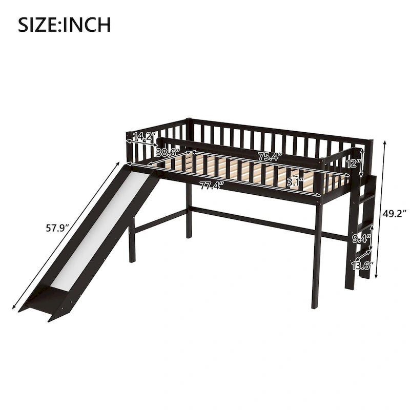 Low Loft Bed with Ladder and Slide