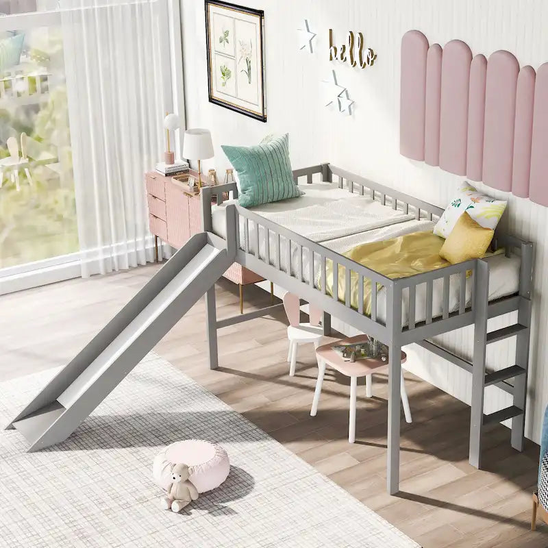 Low Loft Bed with Ladder and Slide