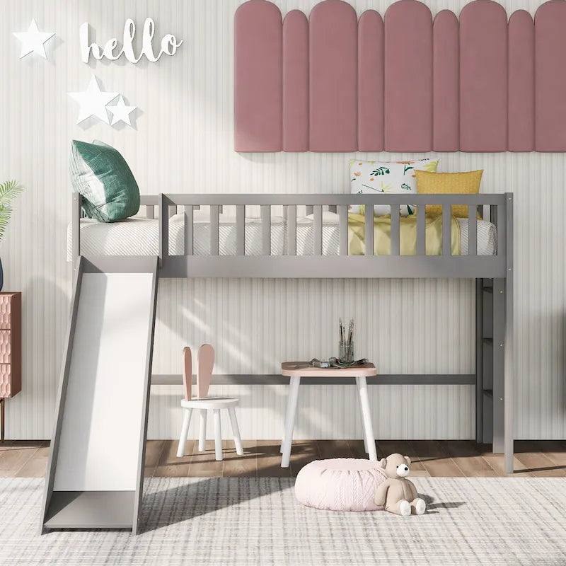 Low Loft Bed with Ladder and Slide