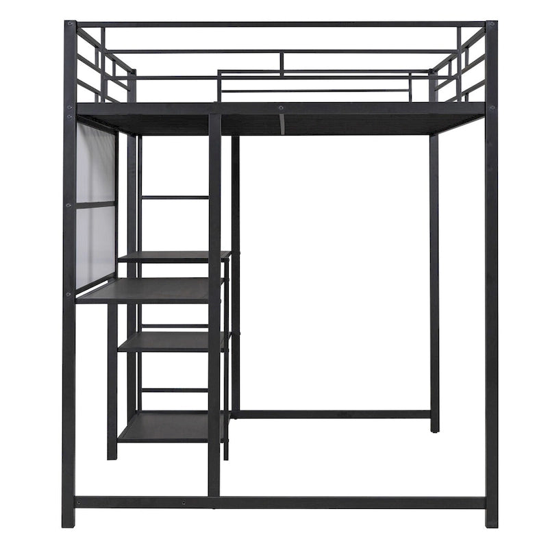 Black Metal Loft Bed with Desk, Whiteboard, and 3 Shelves, Includes Ladder