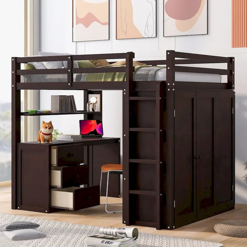 Full Loft Bed with Drawers, Desk, Wardrobe, and Guardrails
