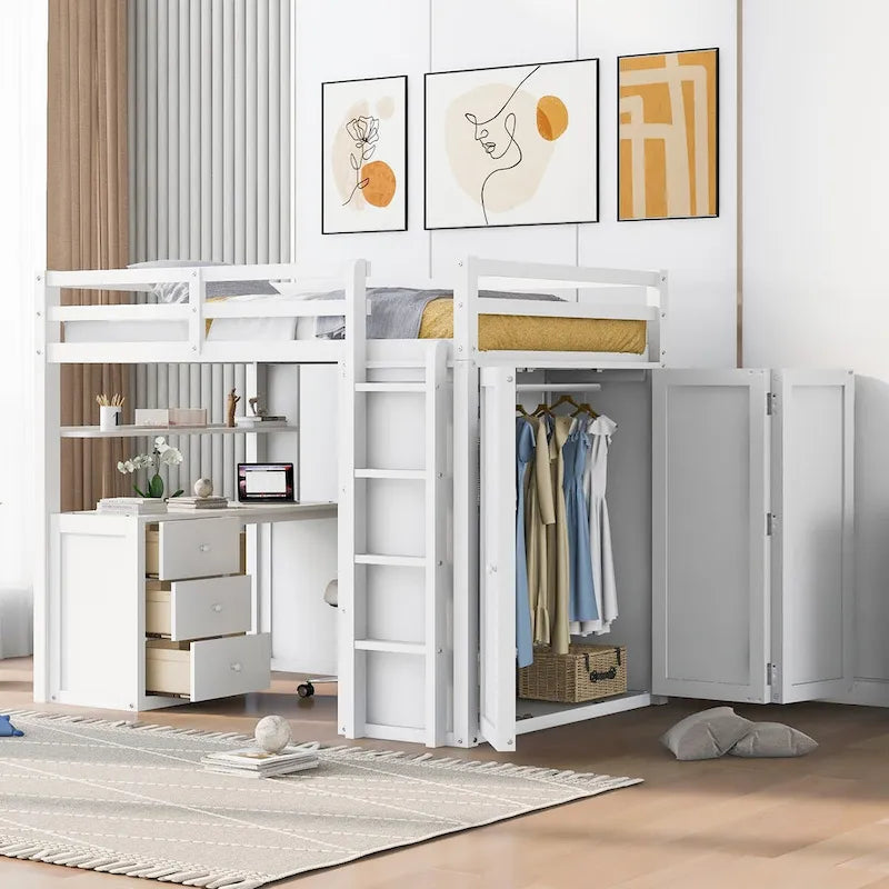 Full Loft Bed with Drawers, Desk, Wardrobe, and Guardrails