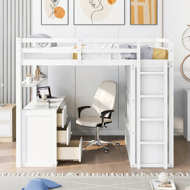 Full Loft Bed with Drawers, Desk, Wardrobe, and Guardrails